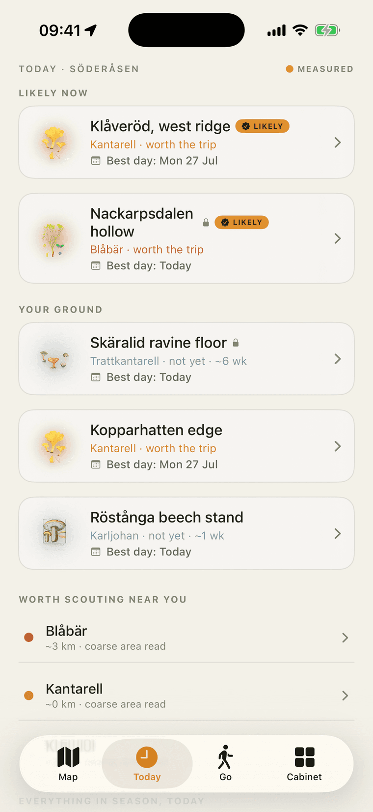 The app's Today screen. A saved spot, Klåveröd west ridge, marked Likely for chanterelle with the note 'worth the trip' and a best day of Monday 27 July, above other spots reading 'not yet' with weeks remaining.