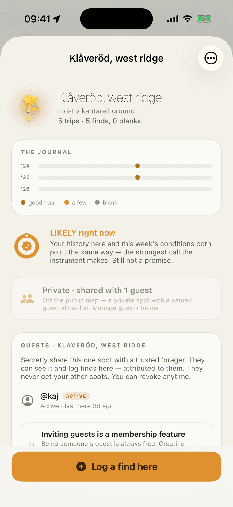 A spot's page in the app: five trips, five finds, a journal across three seasons, currently reading Likely.