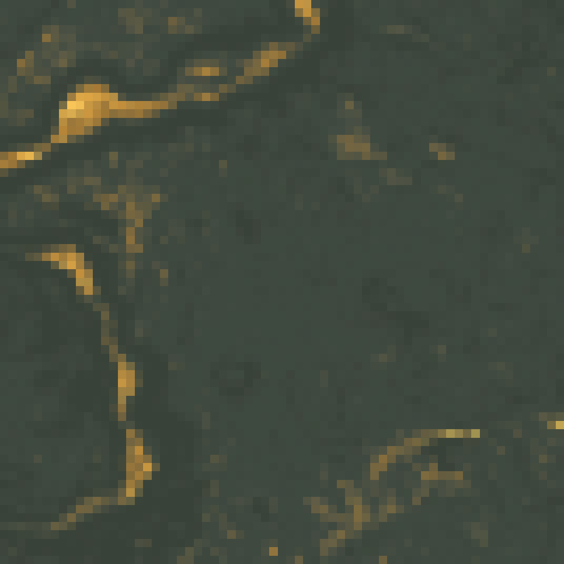 The same forest resampled to a 30-metre grid: the fine threads have thickened into blocks.